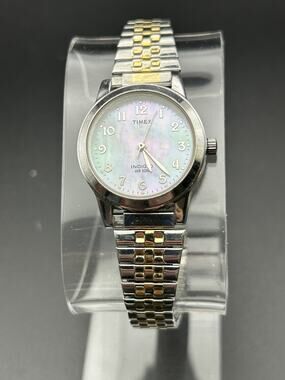Timex Women’s Watch Pearlescent Dial 2 Tone Stretch Band Dainty Minimalist Chic